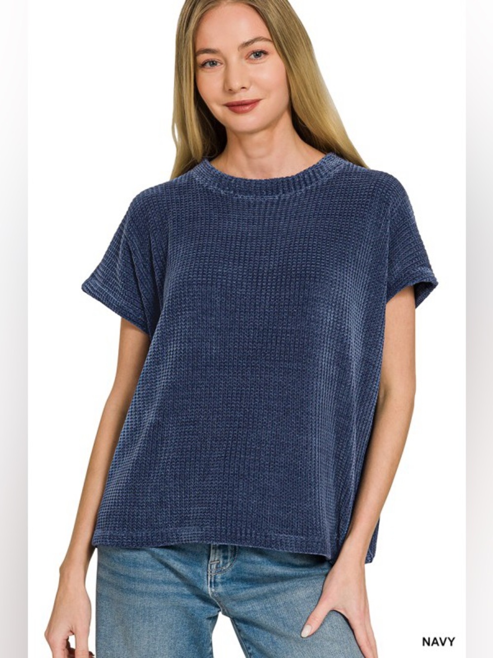 Navy Zenana CHENILLE WAFFLE CAP SLEEVE SWEATER